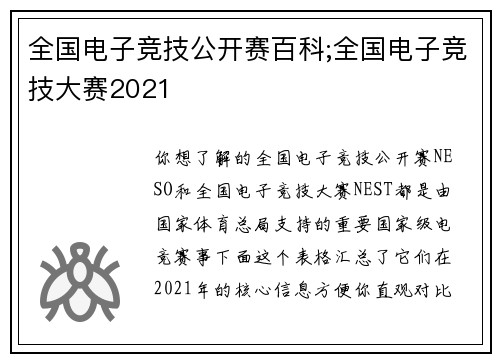 全国电子竞技公开赛百科;全国电子竞技大赛2021